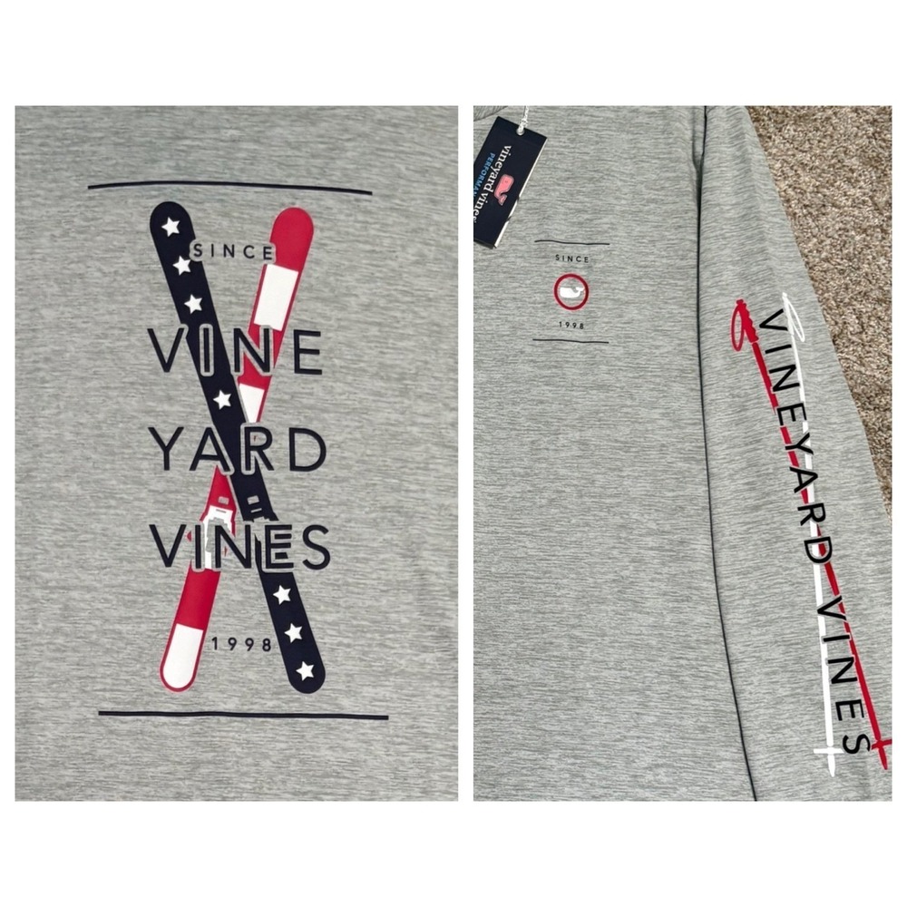 Vineyard Vines Performance Graphic Tee Mens NWT  XL Grey Crossed Ski Long Sleeve
